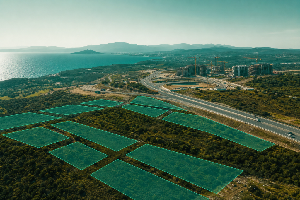 Altyapı gelişen bölgede arazi yatırımı drone görünümü